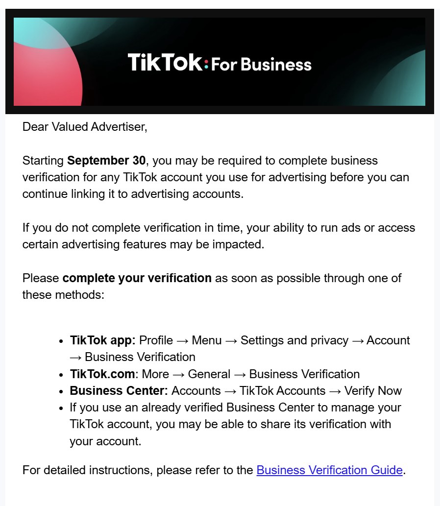 TikTok For Business 官方通知信原文截圖